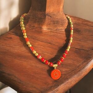 Sunburst Pendant Beaded Necklace - Red and Gold